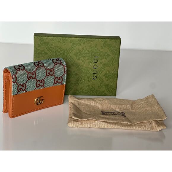 Gucci GG Leather/Canvas Compact Bifold Card Wallet Azure/Brown Italy 783118 NIB - Picture 3 of 15